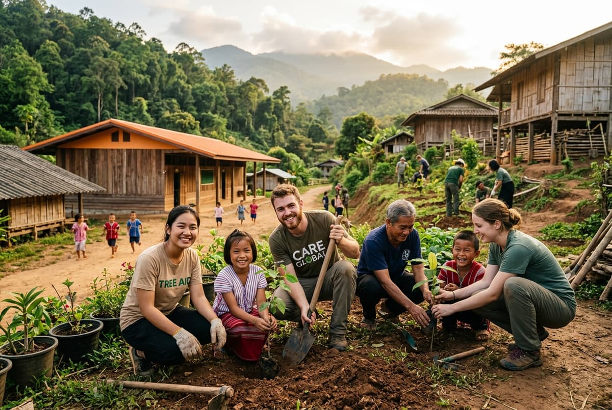 Rotary Club volunteers planting trees with local village kids in Chiang Mai